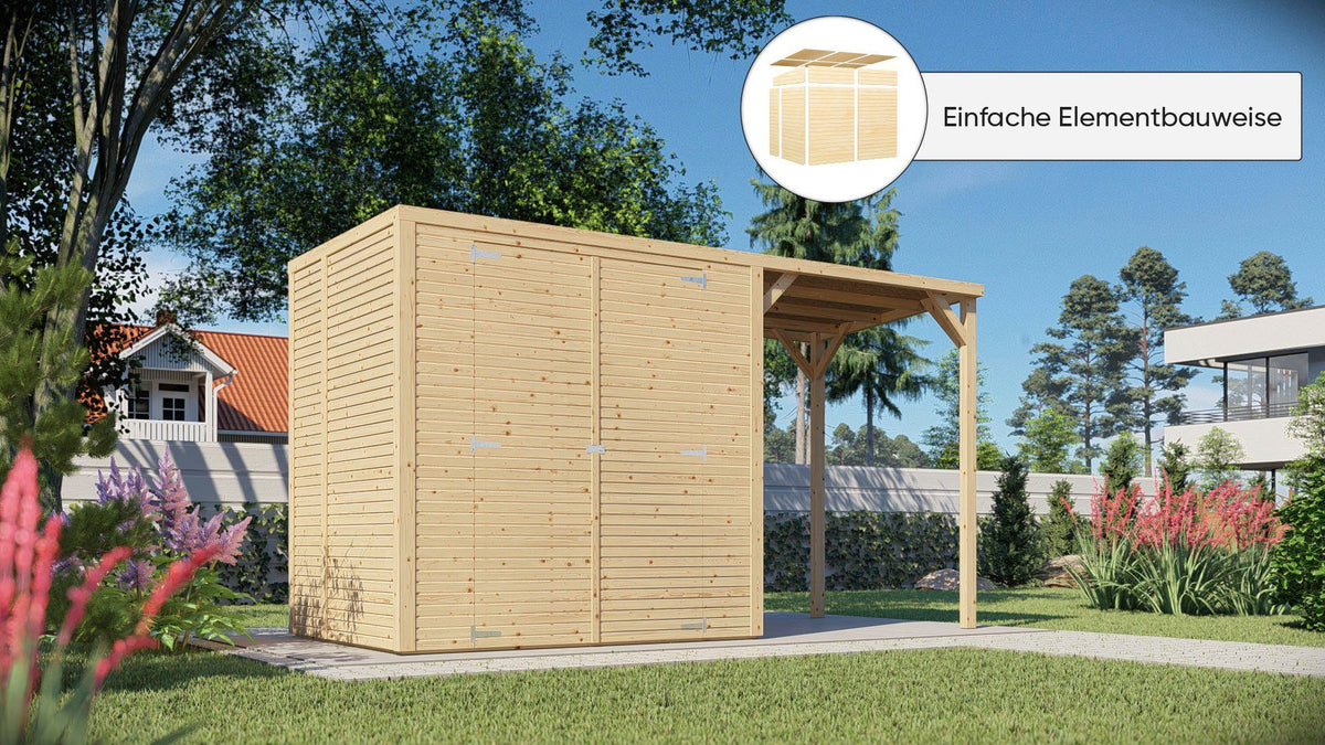 KONIFERA Gartenhaus Beno 2 PLUS Fineline Flachdach, 373 x 170 cm, mit Anbaudach