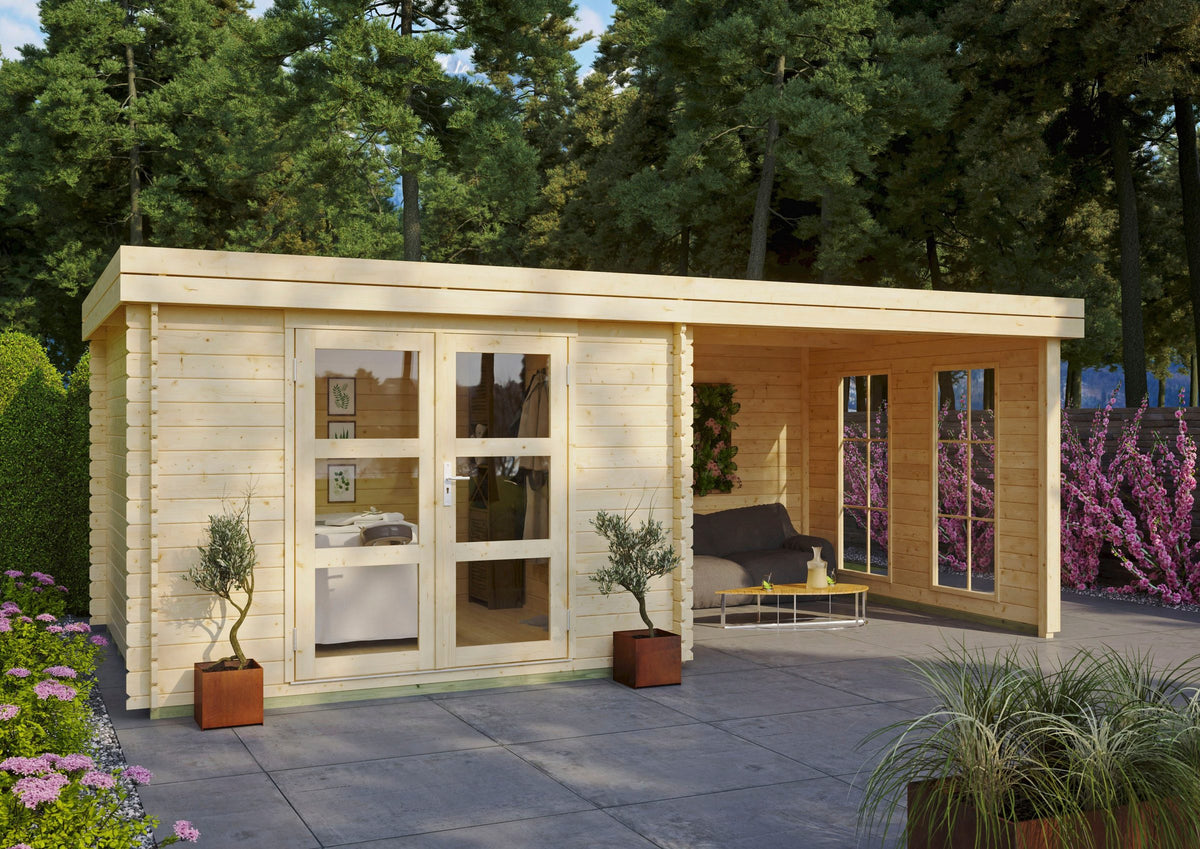 KONIFERA Gartenhaus Acrux aus skandinavischem Fichtenholz, 585 x 312 cm, 28 mm, mit Fußboden und Anbau