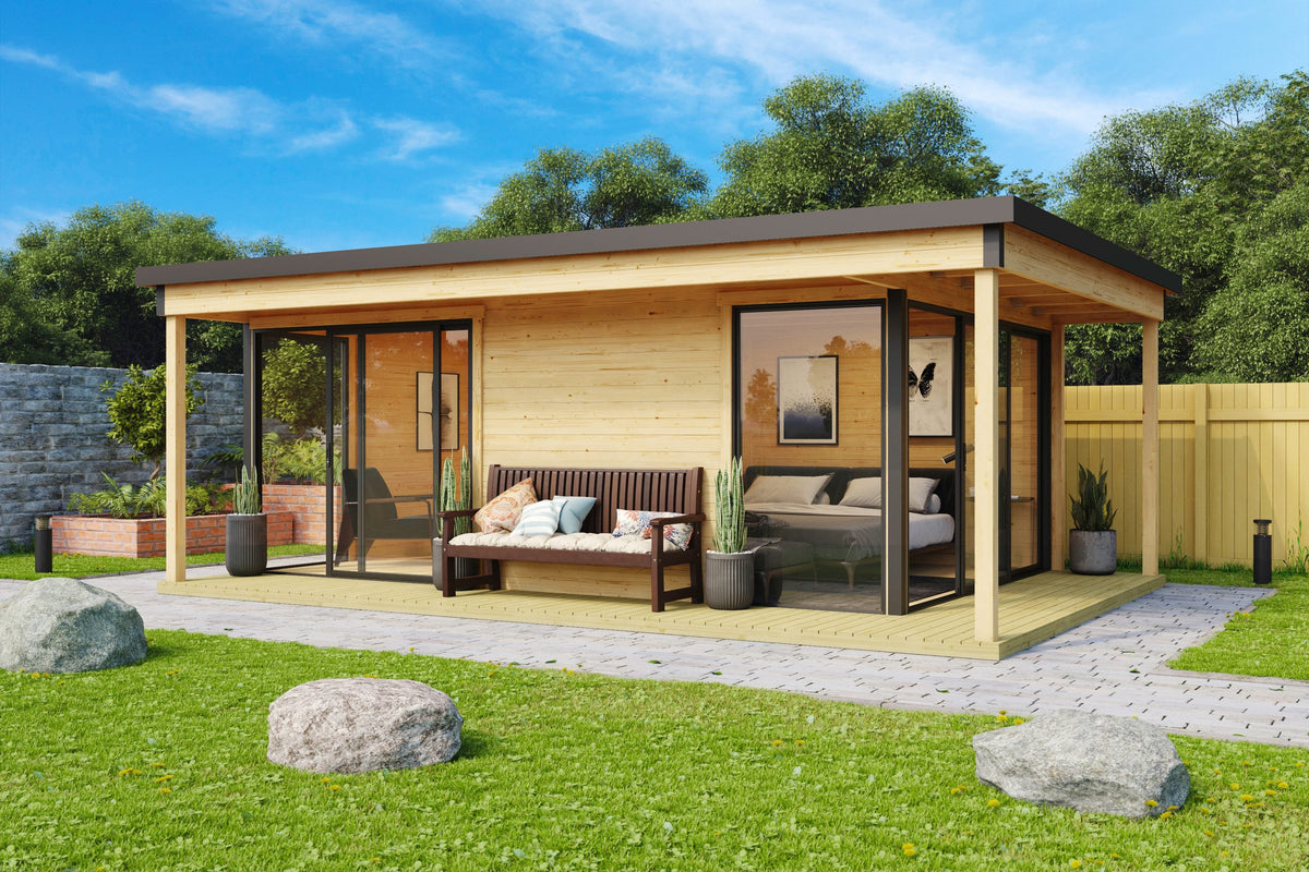 LASITA MAJA Gartenhaus Domeo 3 Loggia, 608,4 x 418,9 cm, mit Vordach und Anbau