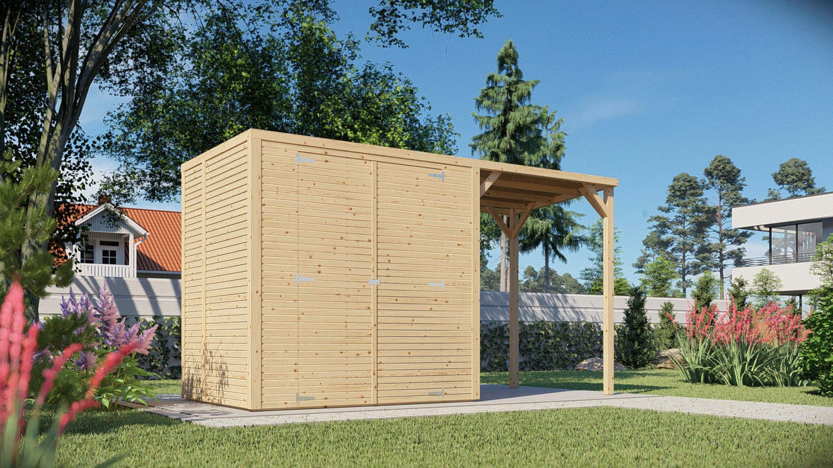 KONIFERA Gartenhaus Beno 2 PLUS Fineline Flachdach, 373 x 170 cm, mit Anbaudach – Ansicht 3