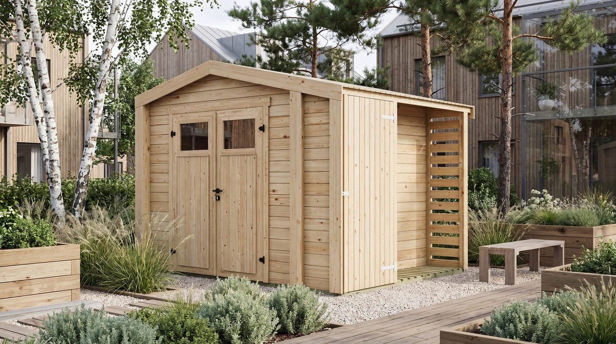weka Gartenhaus Killarney, 361 x 313 cm, mit Anbau und Holzlager