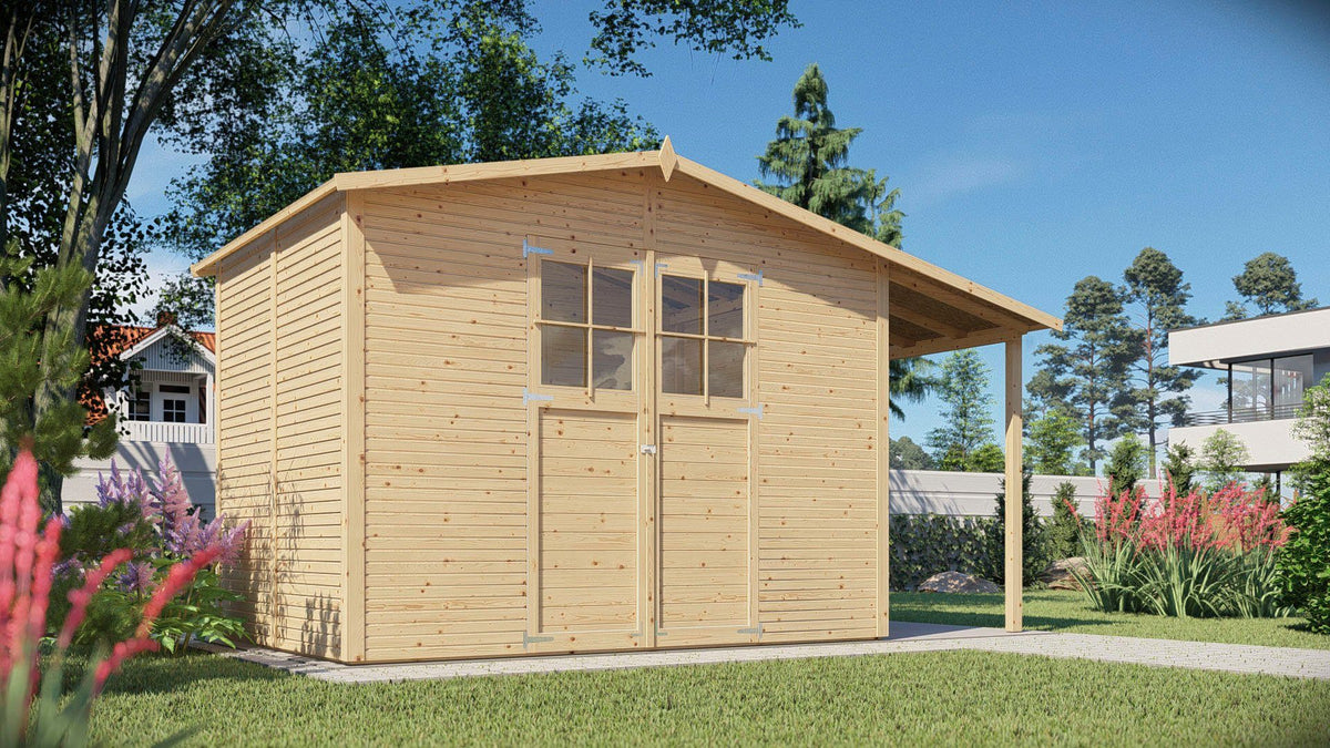 KONIFERA Gartenhaus Alto 4 PLUS Fineline Satteldach, 440 x 209 cm, mit Anbaudach – Ansicht 3